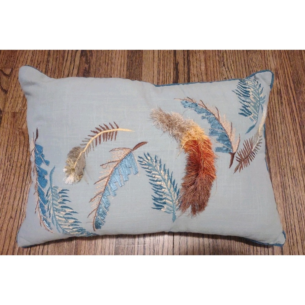 Cost Plus World Market Embroidered Feather Lumbar Pillow Blue Teal 14" x 20"